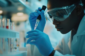 A scientist carefully uses a pipette to transfer liquid into a test tube in a laboratory setting.