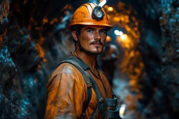 Fototapeta premium Miner in Action A Portrait of a Worker in a Dark Tunnel with Safety Gear and Headlamp