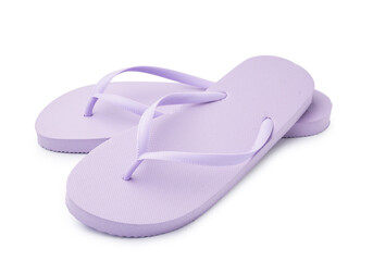 Pair of stylish lilac flip-flops on white background