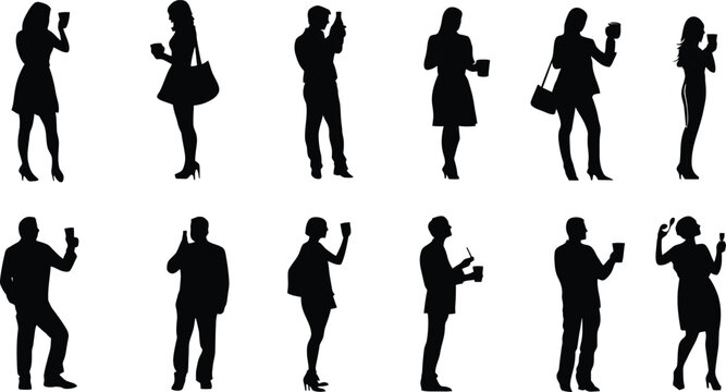 Silhouette icons of people enjoying drinks and food in various settings showcasing social interactions and leisure activities