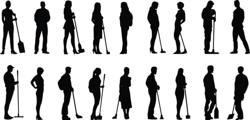 Various silhouettes of individuals engaged in cleaning activities with vacuum mops at different locations