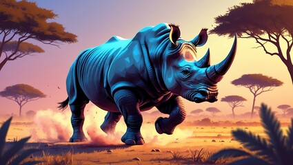 Fototapeta premium Charging rhinoceros illuminated in a vibrant savannah