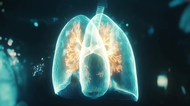 Rotating hologram of human lungs with glowing bronchial structure