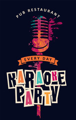 Hand drawn banner or menu of karaoke restaurant, cafe with retro music with realistic microphone in vintage style. Karaoke party inscription. Flyer, poster, invitation. No AI used