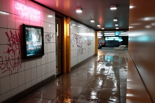 A dimly lit urban tunnel adorned with vibrant graffiti, illuminated by neon lights, reflecting the essence of city life and artistic expression in a modern setting.