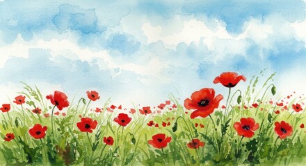 Obraz premium Watercolor poppy flowers field against a blue sky - Victory Day 