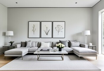 A living room with a sectional couch and a coffee table.