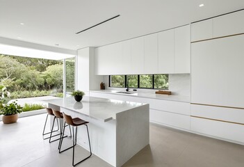 Fototapeta premium A modern kitchen with a large island in the middle of it.