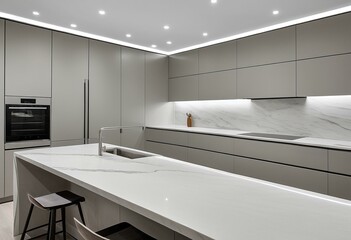 A modern kitchen with a large island in the middle of it.