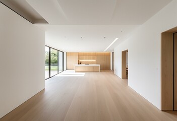 Fototapeta premium A long hallway with wooden floors and white walls.