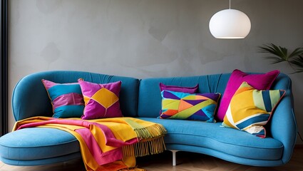 Curved sofa with vibrant throws and geometric pillows