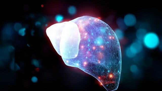 Rotating hologram of human liver with glowing digital particles