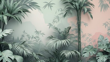 Fototapeta premium Delicate tropical wallpaper with pastel palm leaves
