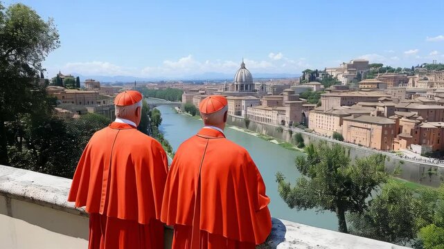 Two figures cardinals in red robes admire the view of Rome and the Tiber River on a sunny day