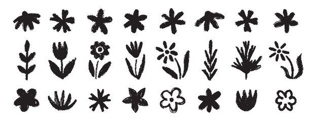 Grunge trendy doodle flowers leaves set. Hand drawn brush flowers crayon, chalk texture. Flowers textured collection