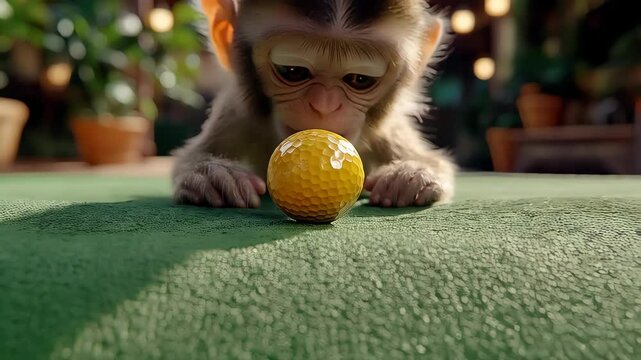 Cute monkey plays with a yellow ball on a green surface in a bright indoor setting with plants