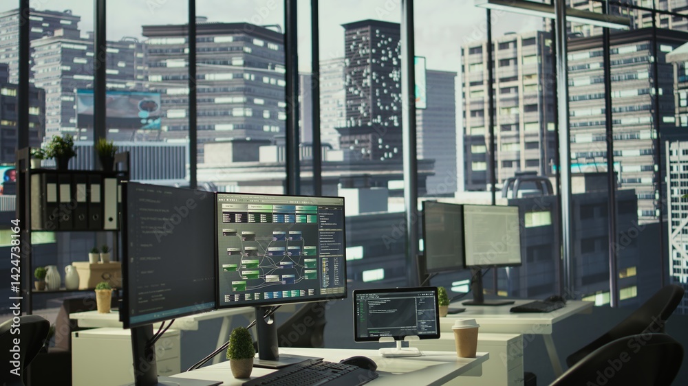 Poster empty it department office used for building artificial intelligence machine learning software techn