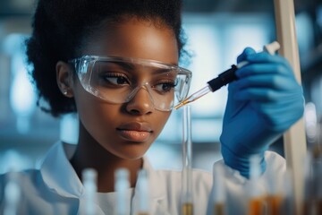 A young female scientist carefully uses a pipette in a laboratory setting, conducting precise experiments.