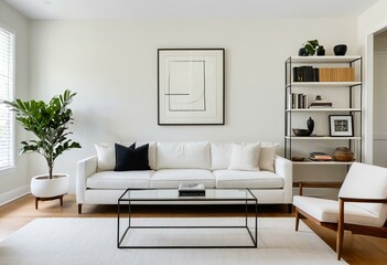 A living room with a white couch and a coffee table.