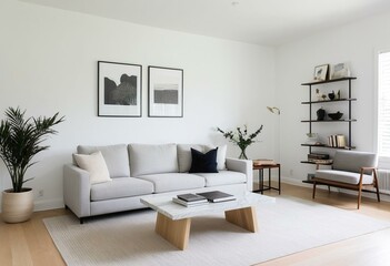 A living room with a white couch and a coffee table.