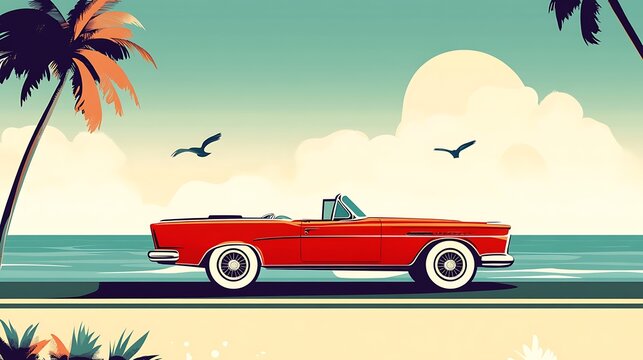Classic Car with Beach Road Trip.