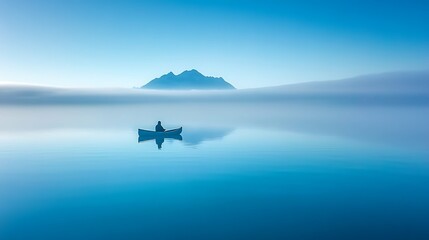 Serene lake, lone figure in boat, misty mountains