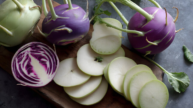 Still life featuring vibrant kohlrabi, showcasing its unique texture and colors, arranged on a rustic wooden board against a grey backdrop.