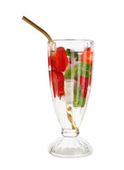 Glass of fresh lemonade with strawberry and mint on white background