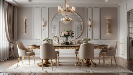 Elegant minimalistic dining room with glamorous decor