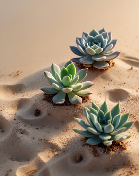 tudio Close-Up of Three Desert Succulents on Sandy Surface