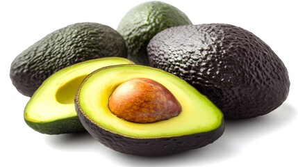 Fresh ripe avocados ready to eat are displayed beautifully on a bright white background showcasing their vibrant green flesh and dark skin.