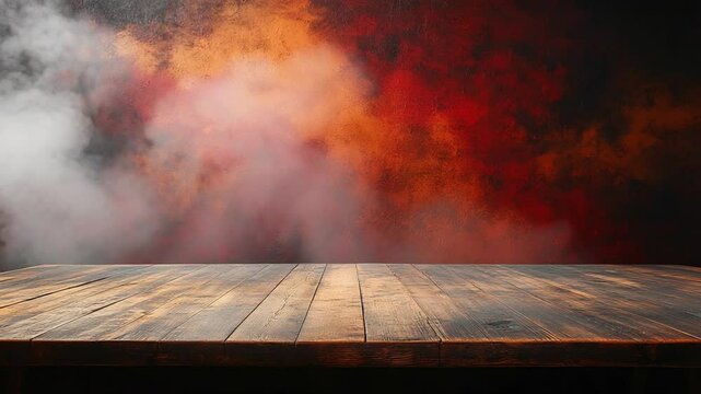 Rustic wooden table surface with dark red smoky background product display space