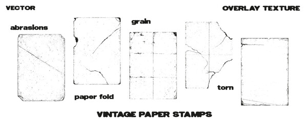 Paper pages for overlay effect with different effects, torn, grainy, worn, old, worn. Paper pages with fold, grunge vector texture. Overlay to give the effect of vintage photo, letter or page. Vector