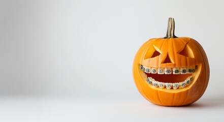 Pumpkin with carved smile and braces sitting on white background. Funny Halloween concept.  
