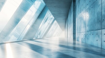 Obraz premium A Modern Concrete Hallway with Glass Windows and Sunlight Streaming Through