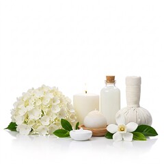 Spa composition isolated on white background. Flowers, candles, oil, and herbal compress close-up