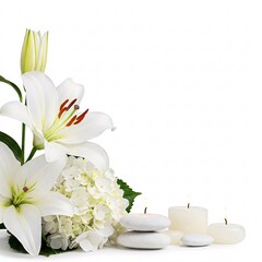 Spa composition with flowers and stones isolated on white background. Orchids, calla lilies, and sea salt close-up