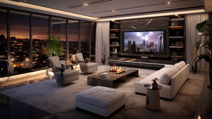 Modern Living Room with Cityscape View and Large TV