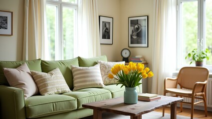 Bright Interior Corner with Armchair and Spring Flowers.