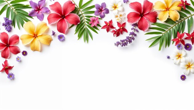 tropical floral border with hibiscus and plumeria flowers in vibrant colors and green palm leaves on white background, Hawaiian celebration frame