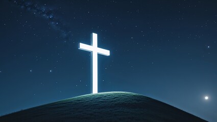 Bright cross standing on a hill at night under starry sky