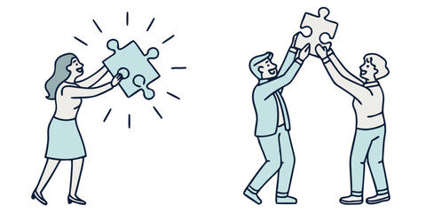 Hand-drawn people placing puzzle pieces together to show group collaboration, shared success, and creative teamwork effort