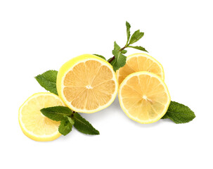 Fresh lemons with mint on white background