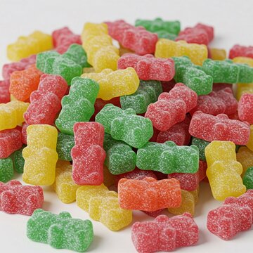 Colorful gummy candies isolated on white background. Sweet and sour chewy bears close-up