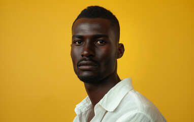 Obraz premium Studio portrait of confident young man in white shirt against yellow background. Modern expression concept. 