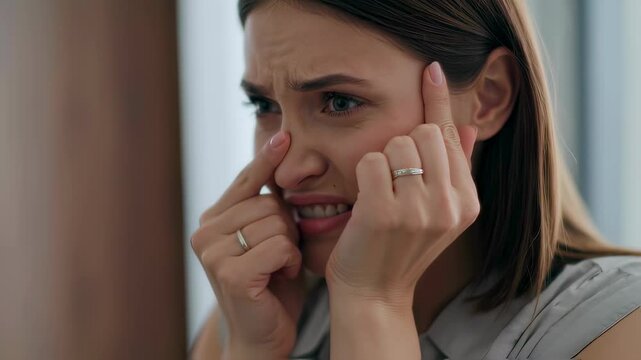 Frustrated young woman squeezing pimple in front of mirror during skincare routine
