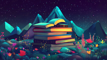 Colorful stack of books with open book on top, perfect for cozy reading atmosphere. ideal for promoting literacy and book clubs. Nightspire Peak. Illustration