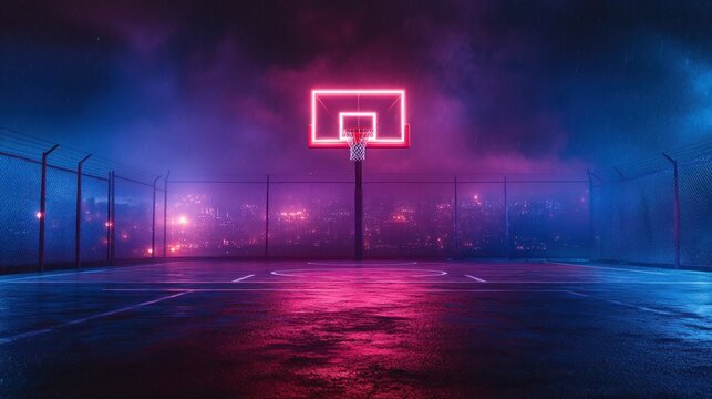 Neon basketball hoop at night