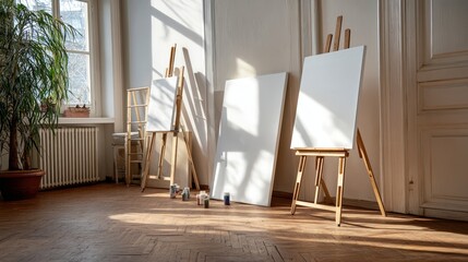 Blank canvas for oil painting in cozy art studio