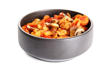 Bowl of tasty beef stew on white background
